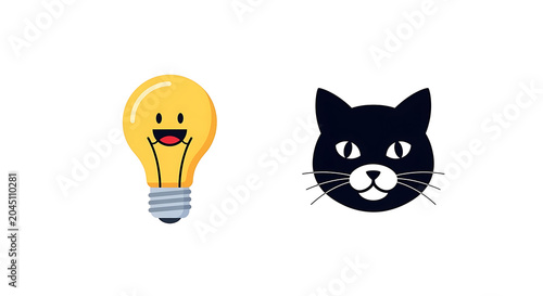 Yellow lightbulb with surprised face next to black cat with wide eyes