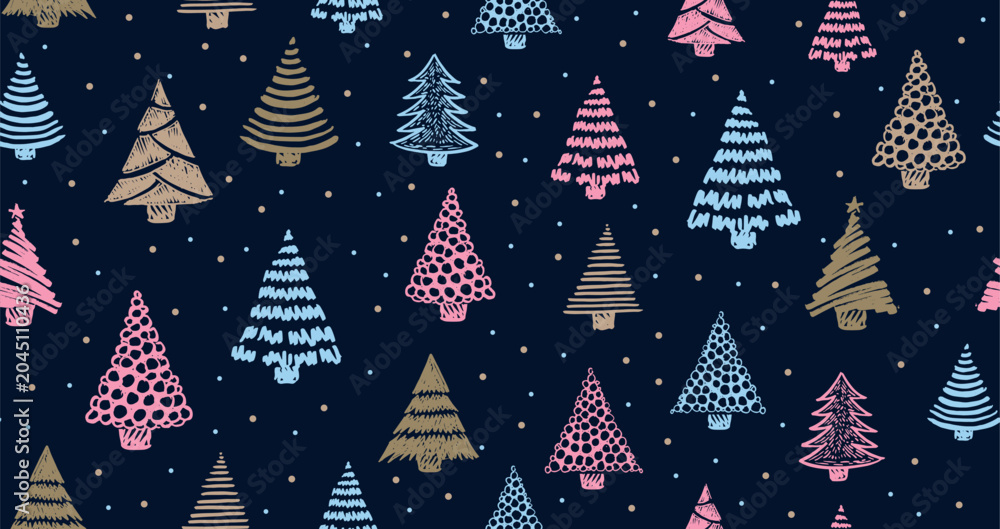 Fototapeta premium Christmas tree white on blue, hand drawn illustrations.