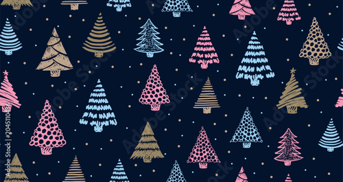 Christmas tree white on blue, hand drawn illustrations.