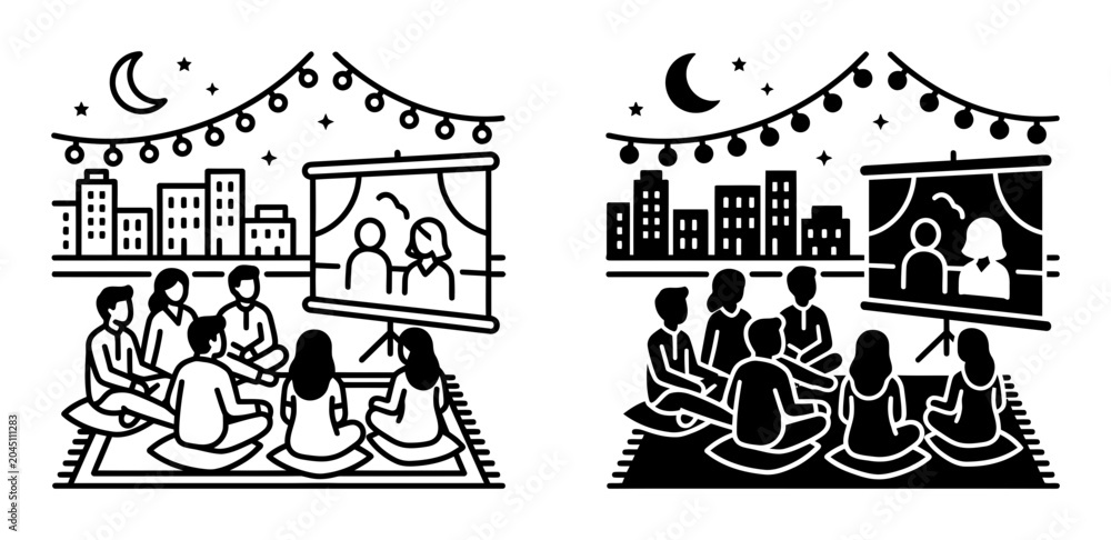 Fototapeta premium Outdoor movie night, vector illustrations, black and white, people watching films, urban setting