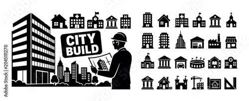 Building Architecture Set. Clean solid filled banner composition showing one oversized office building stretching from left edge, one architect character near right edge, a large city block reaching
