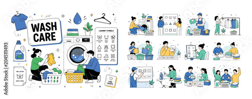 Laundry Washing Symbols. Clean editorial banner with one main scene about laundry care and washing symbols: two geometric characters sort clothes beside a large oversized washing machine and a big