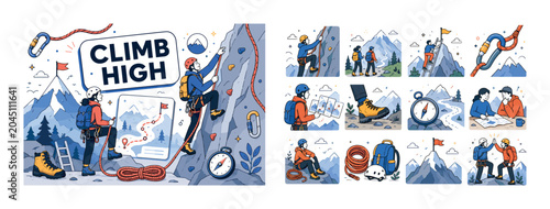 Climbing Mountain Banner. Climb, mountains, hiking, ladder, rope, alpinist and climber adventure banner with two geometric climbers beside an oversized mountain wall and large route map, rope curves