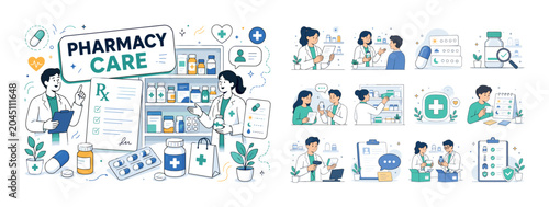 Pharmacy Medicine Banner. Medicine, pill, prescription, medication, pharmacist, dosage and capsule banner with two geometric pharmacy workers beside an oversized prescription sheet and large medicine