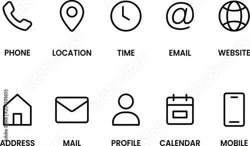 Minimalist contact information line icons set for business card design