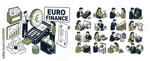 Euro Money Finance banner showing two finance workers around an oversized euro coin and giant payment terminal, income folder, business chart, investment blocks, wallet, and receipt filling all edges,