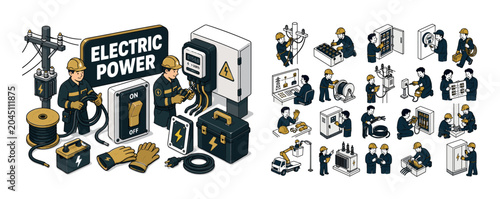 Electric Power Bolt banner showing two utility workers around an oversized lightning bolt panel and giant power switch, cable reel, battery block, safety gloves, electric meter, and power pole filling