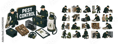 Pest Control Service banner showing two exterminators around an oversized spray canister and giant service toolbox, bug trap, termite board, rat cage, protective mask, and inspection card filling all