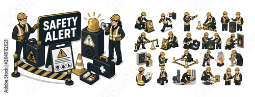 Hazard Safety Alert banner showing two safety workers around an oversized warning sign and giant siren box, toxic container, caution tape, alert board, safety cone, and emergency kit filling all