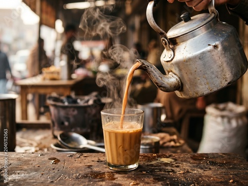 Steaming doodh patti chai poured into glass at traditional roadside dhaba, warm milk tea with rising steam, authentic  tea culture close-up