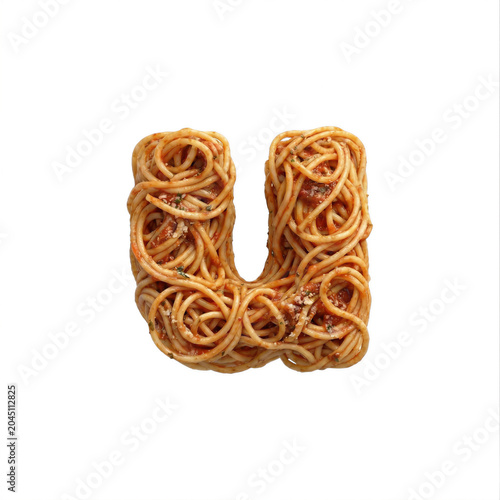 Spaghetti pasta letter U - Small Italian noodles font isolated on white background. Perfect alphabet for creative illustrations related to traditional cuisine, food, nutrition...