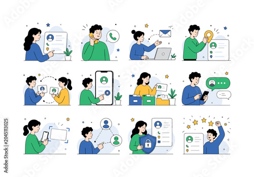 Contact Basic Network. Basic contact icons, phone, email, address, profile card, message, communication channel, customer connection, and contact management. 12 minimalist editorial vector scenes: a