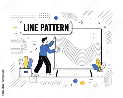 Gray Lines Background. Clean editorial banner with one main abstract layout scene: a geometric designer arranging oversized gray line waves beside a large blank composition board, with parallel