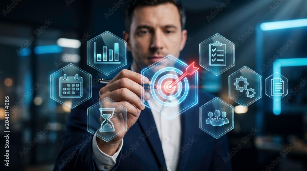 Obraz premium Digital Strategy Execution: A focused businessman navigates a holographic interface, symbolizing strategic planning and target achievement through innovative technology.