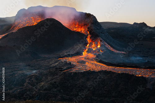 Flowing Lava from Active Volcanic Crater in Iceland