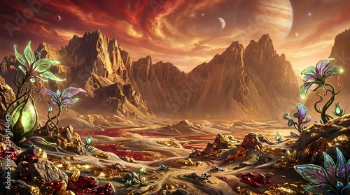 A vast alien landscape featuring towering rugged mountains