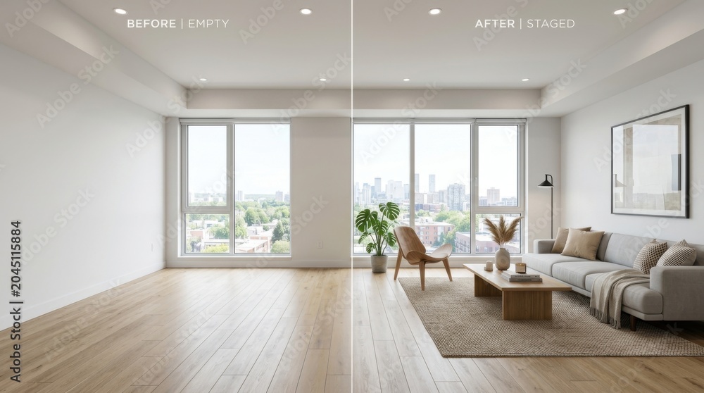 Fototapeta premium Modern empty apartment living room with natural light and city view staged for sale or rent