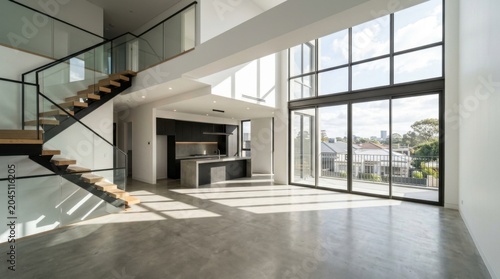 Modern Minimalist Empty Townhouse Interior with Large Windows and Natural Light