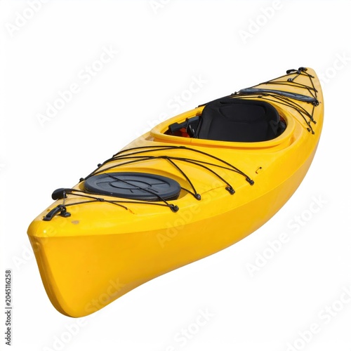 A vibrant yellow kayak with black bungee cords and seat, isolated on white