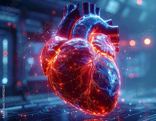 Glowing Anatomical Human Heart Floating in Futuristic Medical Laboratory