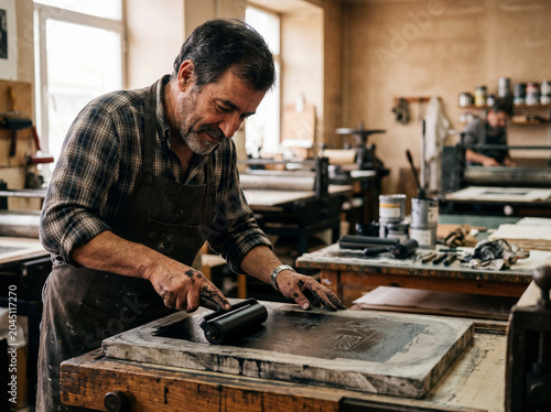 Printmaker preparing stone surface in lithography workshop