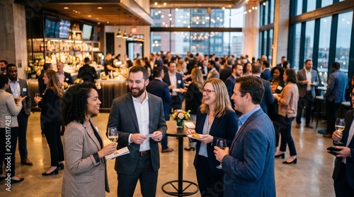 Diverse group of professionals networking and socializing at a business event in a modern venue with city views