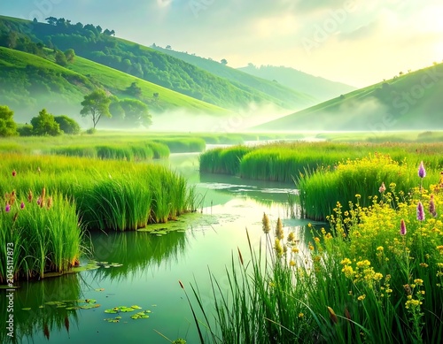 Lush Green Wetland Stream Winding Through Misty Rolling Hills at Sunrise