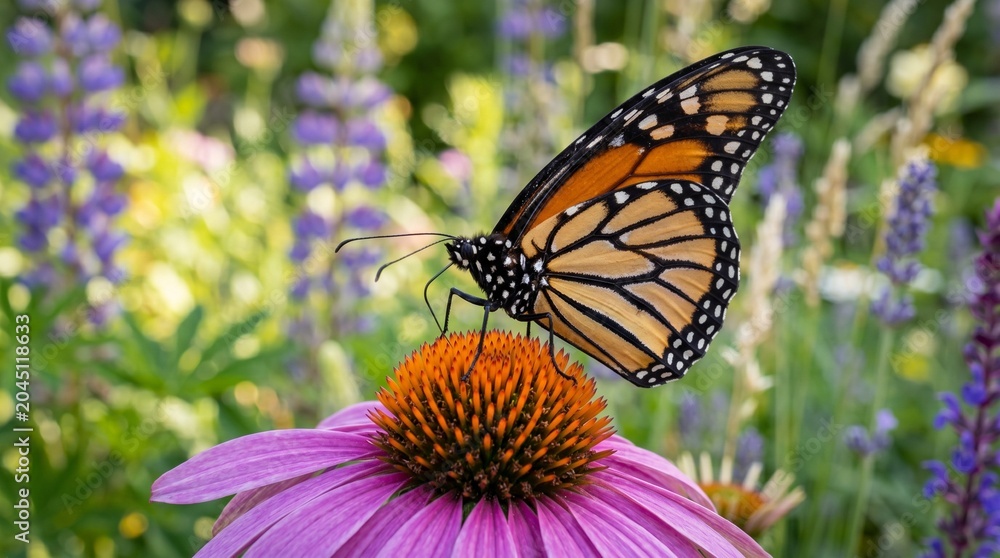 Obraz premium Monarch butterfly resting on a purple coneflower in a vibrant garden with blurred purple and green foliage in the background