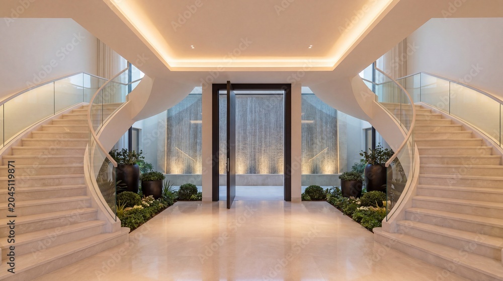 Fototapeta premium Grand double staircase, Luxury hotel lobby, Curved modern stairs, Elegant entrance hall, Glass elevator doors, Symmetrical interior