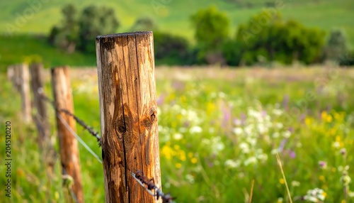 Weathered Wooden Fence Posts Standing in Wildflower Meadow Landscape