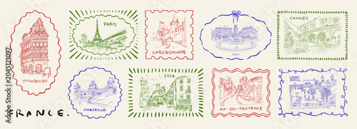 France travel stamp collection. Paris, Strasbourg, Lyon, Nizza, Marseille, Cannes, Carcassonne, Aix-en-Provence vintage postal stickers. French city landmarks. Postcard sticker set, Eiffel Tower label