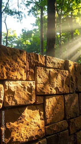 Sunlit Rustic Stone Wall Glowing in Forest Morning Light