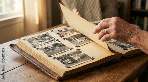 Elderly person's hand turning pages of an old photo album filled with black and white family memories