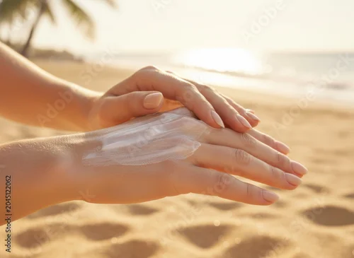 Fototapeta samoprzylepna Sunscreen cream being applied to hands on a sandy beach at sunset