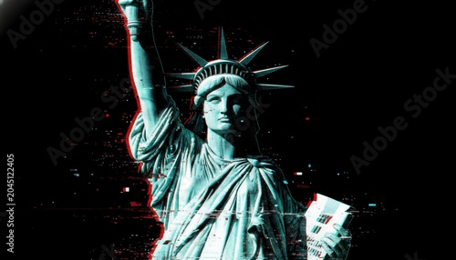 Statue of Liberty with digital glitch effect and red light on black background