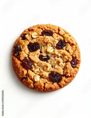 Round cookie with visible raisins and oats, golden brown on white