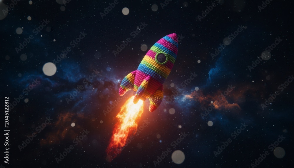Fototapeta premium Knitted rainbow rocket ship launching through outer space with fire trail