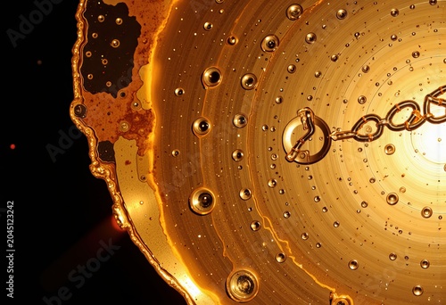 Golden liquid with bubbles and chain detail.