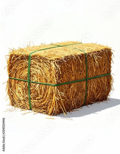 Rectangular golden hay bale, tightly bound with green twine