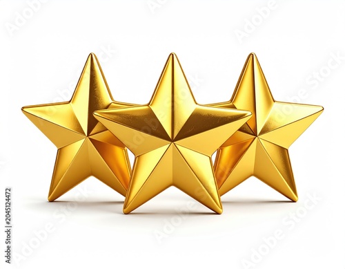 Three gleaming golden stars arranged closely together against a white background