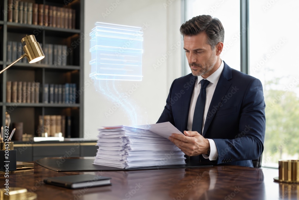 Obraz premium AI Summarizing Legal Paperwork In Corporate Office