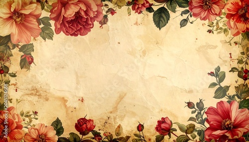 Flowers Decorate a Vintage Paper Background With Various Shades and Types of Blooms Surrounding Plain Space for Text or Design Elements