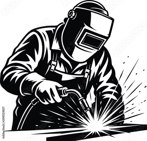 Professional welder working with welding torch and sparks vector illustration. Metalworker character in protective mask and uniform. Black and white monochrome line art logo design for fabrication wor