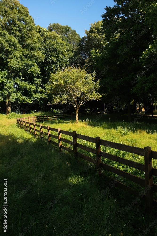 Fototapeta premium Wooden fence separates green meadow from dense forest. Sunlight illuminates tall grass field. A lone tree stands within a fenced enclosure. Peaceful nature scene, rural landscape.