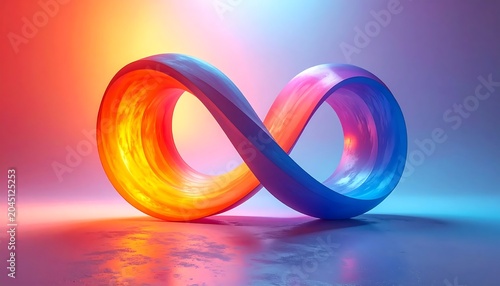 Vibrant Infinity Symbol Glowing on Reflective Surface in Colorful Gradient Studio