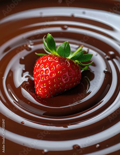 A vibrant red strawberry floats in swirling liquid dark chocolate
