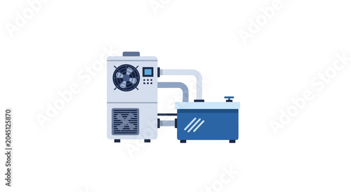Modern industrial chiller unit with cooling tank and fan, clean vector illustration