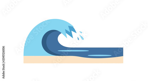 Stylized Ocean Wave Crashing on Sandy Beach, Summer Seascape Illustration