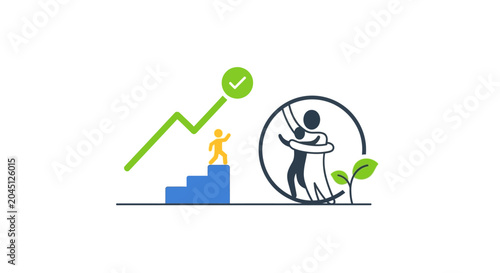 Teamwork and Growth: People Hugging, Charting Success, and Plant