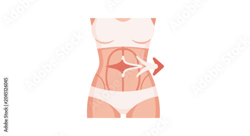 Woman's toned abs illustration with arrow pointing to belly button, body contouring concept
